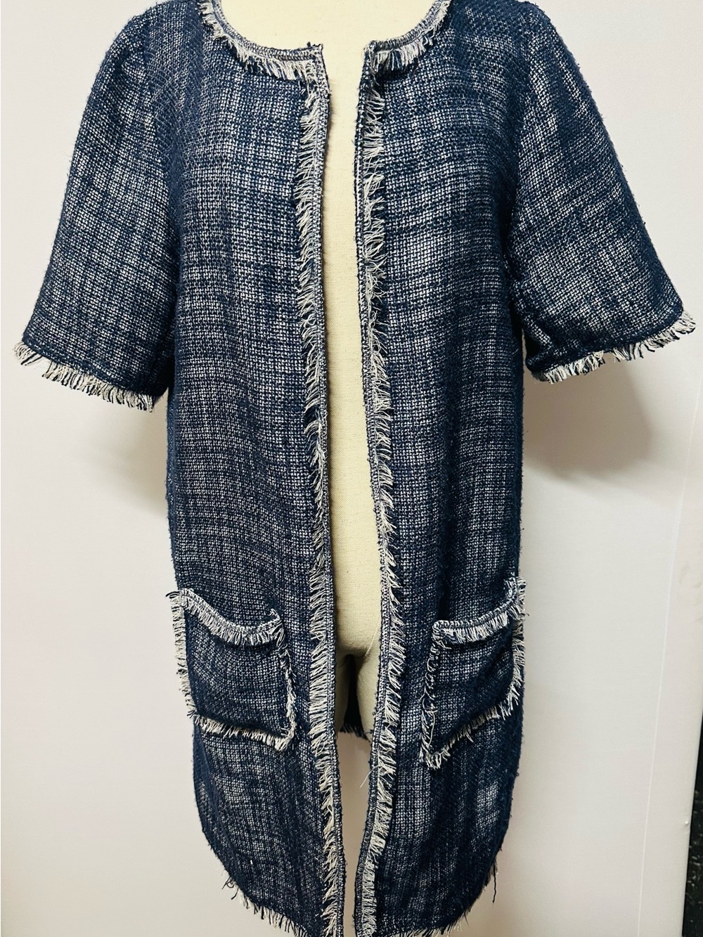 Tildon Navy and Ivory Fringe Tweed Open Cardigan